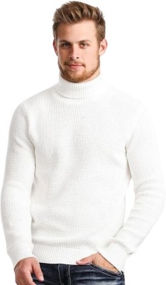 Solid High Neck Casual Men Pure Wool White Sweater