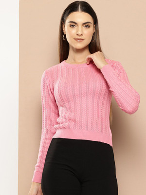 her by invictus Self Design Round Neck Casual Women Pink Sweater