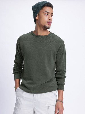 Glitchez Solid Round Neck Casual Men Green Sweater