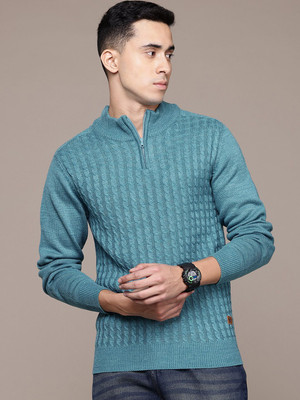 Roadster Self Design Off Shoulder Casual Men Blue Sweater