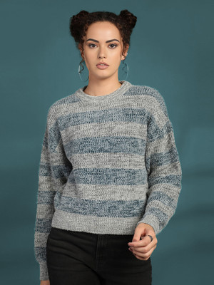 CHKOKKO Striped, Self Design Round Neck Casual Women Grey Sweater