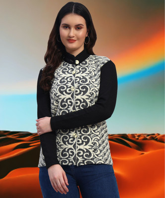 Christy World Self Design High Neck Casual Women Black Sweater