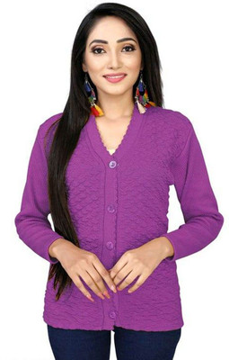 Shunit creation Self Design V Neck Lounge Wear Women Purple Sweater