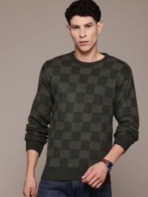 Roadster Checkered Round Neck Casual Men Green, Black Sweater