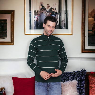 AXOLOTL Striped Round Neck Casual Men Green Sweater