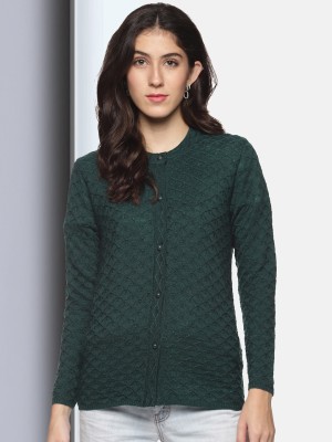 CLAPTON Self Design Round Neck Casual Women Green Sweater