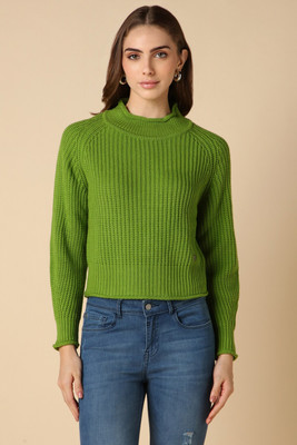 Allen Solly Self Design High Neck Casual Women Green Sweater