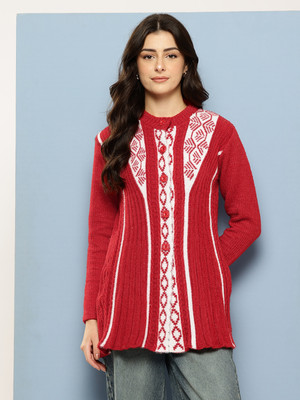 MUHURATAM Self Design Round Neck Casual Women Red Sweater