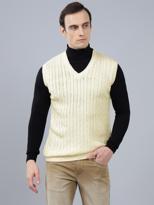 CANTABIL Self Design V Neck Casual Men White Sweater