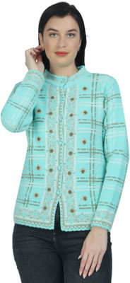 HITTIKA Self Design V Neck Casual Women Green Sweater