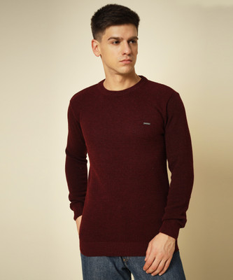 SILVANUS Solid Round Neck Casual Men Maroon Sweater