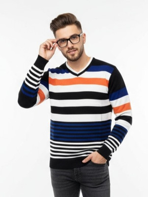 FORWARDS Striped V Neck Casual Men Blue Sweater