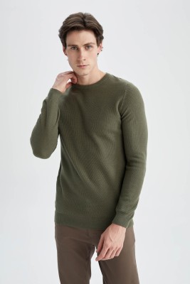 defacto Solid Round Neck Casual Men Green Sweater