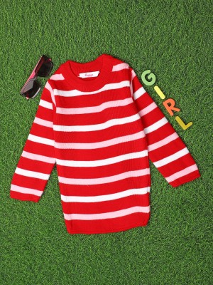 V-MART Striped Round Neck Casual Girls Red, Red Sweater