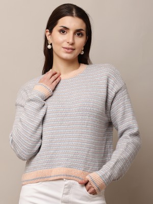 Nobarr Solid Round Neck Casual Women Blue Sweater