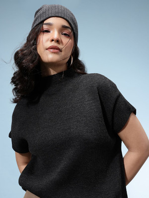 Glitchez Solid High Neck Casual Women Black Sweater