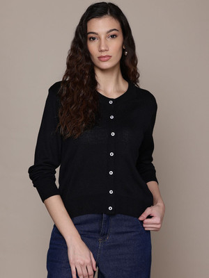 Roadster Solid Round Neck Casual Women Black Sweater