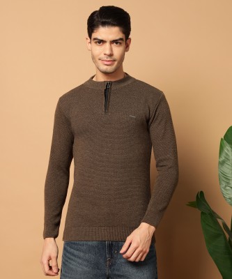 Brayles Solid Mandarin Neck Casual Men Brown Sweater