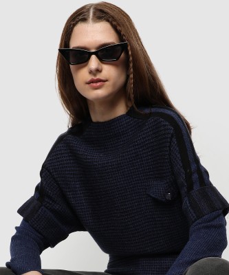 CAMPUS SUTRA Striped Round Neck Casual Women Dark Blue Sweater