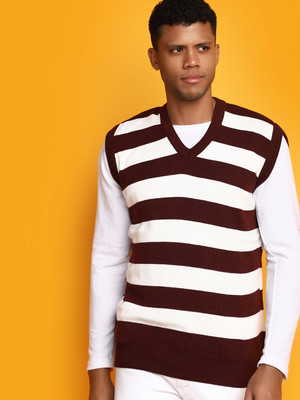 V-MART Striped V Neck Casual Men Maroon, Maroon Sweater