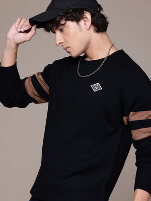 Roadster Striped, Solid Round Neck Casual Men Black Sweater