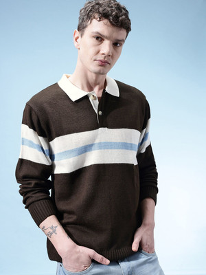 Glitchez Striped Peter Pan Collar Casual Men Brown Sweater