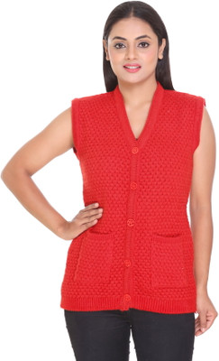 WOOL 4U Self Design V Neck Casual Women Red Sweater