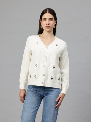 PIERRE CARLO Embroidered V Neck Casual Women White Sweater