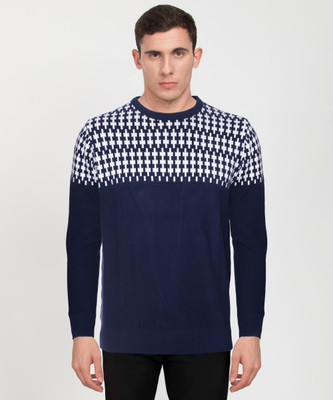 MPAgency Self Design Round Neck Casual Men Dark Blue, White Sweater