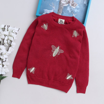 COMPOUND Self Design Round Neck Casual Baby Girls Red Sweater