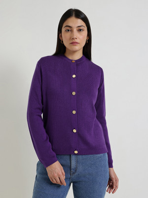 FableStreet Solid Crew Neck Casual Women Purple Sweater