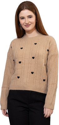 GFO Printed Round Neck Casual Women Brown Sweater