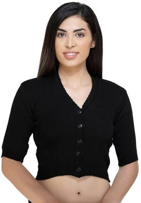 LITHISA Self Design, Solid V Neck Casual Women Black Sweater