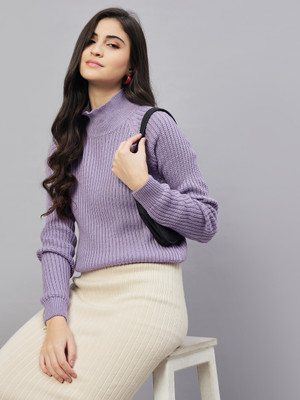 Club York Self Design High Neck Casual Women Purple Sweater