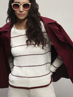 VeroModa Self Design Round Neck Casual Women White Sweater