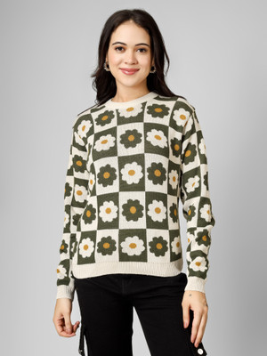 DREAMDIVA Self Design Round Neck Casual Women Green Sweater
