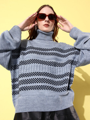 Roadster Striped Turtle Neck Casual Women Grey Sweater