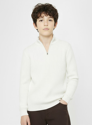 Clothify Striped High Neck Casual Boys White Sweater