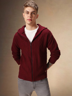 Dennis Lingo Solid Hooded Neck Casual Men Maroon Sweater