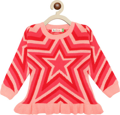 Knitco Solid Round Neck Casual Girls Pink Sweater