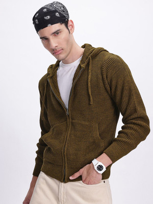 Glitchez Self Design Hooded Neck Casual Men Green Sweater