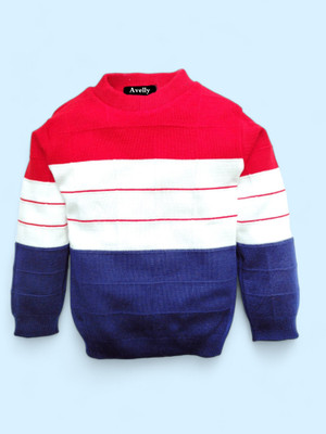 Avelly Striped Round Neck Casual Boys Red, Blue, White Sweater
