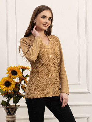 DADU DAYAL Self Design V Neck Party Women Pure Wool Beige Sweater