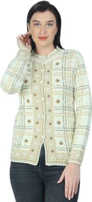HITTIKA Checkered Collared Neck Casual Women Light Green Sweater