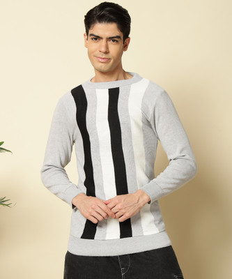 HELL BOUND Striped Round Neck Casual Men Grey Sweater