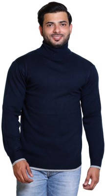 CAVARDI Solid High Neck Casual Men Blue Sweater