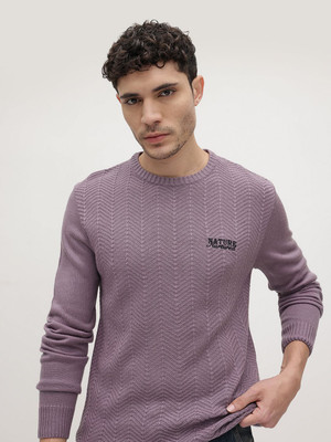 Roadster Self Design Round Neck Casual Men Purple Sweater