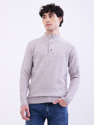 Spykar Woven High Neck Casual Men Grey Sweater