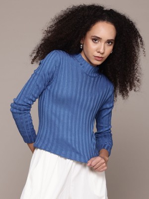 Roadster Self Design High Neck Casual Women Blue Sweater