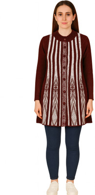 manra Printed Round Neck Casual Women Maroon, Beige Sweater